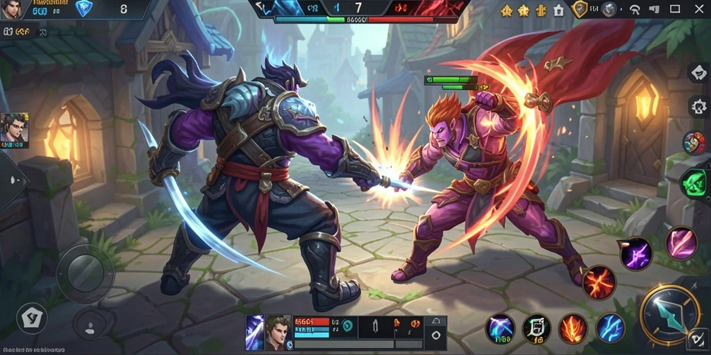 Screenshot utama gameplay menunjukkan pertempuran epik antara karakter-karakter di arena.