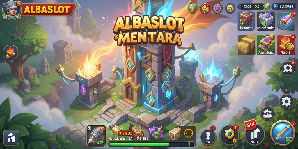 Screenshot gameplay <strong>ALBASLOT</strong> menunjukkan aksi menara bertahan melawan gelombang musuh.