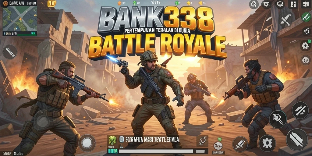 Tangkapan layar utama BANK338 menampilkan aksi pertempuran Battle Royale yang mendebarkan.