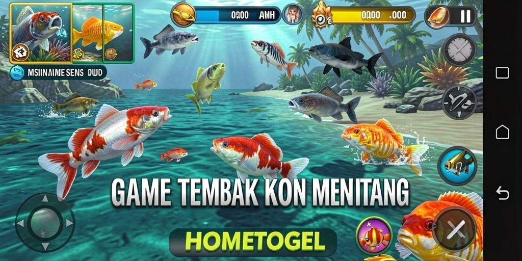 Tangkapan layar gameplay <strong>HOMETOGEL</strong> yang seru dengan berbagai ikan berwarna-warni.