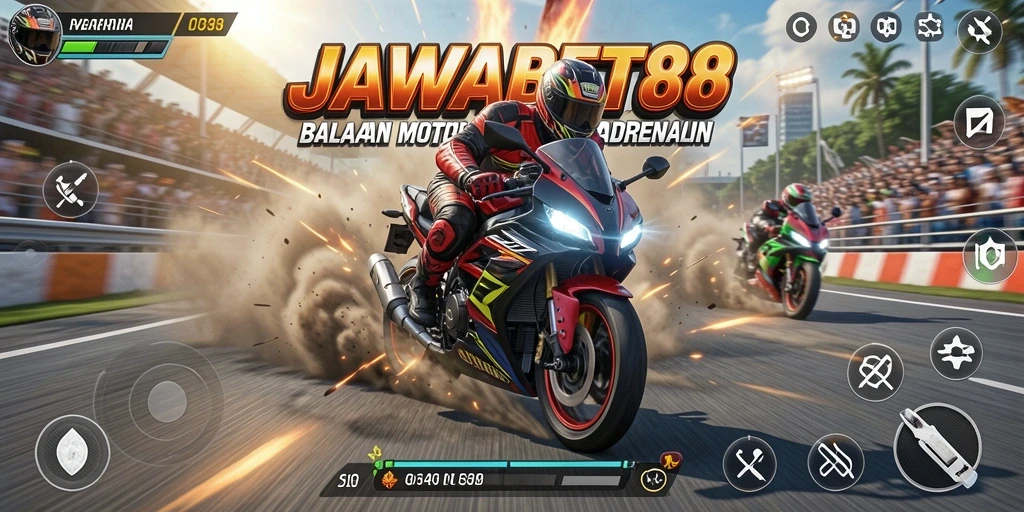 Tampilan action balapan motor di JAWABET88 yang mendebarkan.