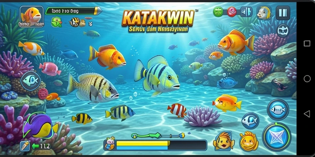 Tampilan gameplay seru dalam KATAKWIN yang menampilkan aksi menembak ikan.