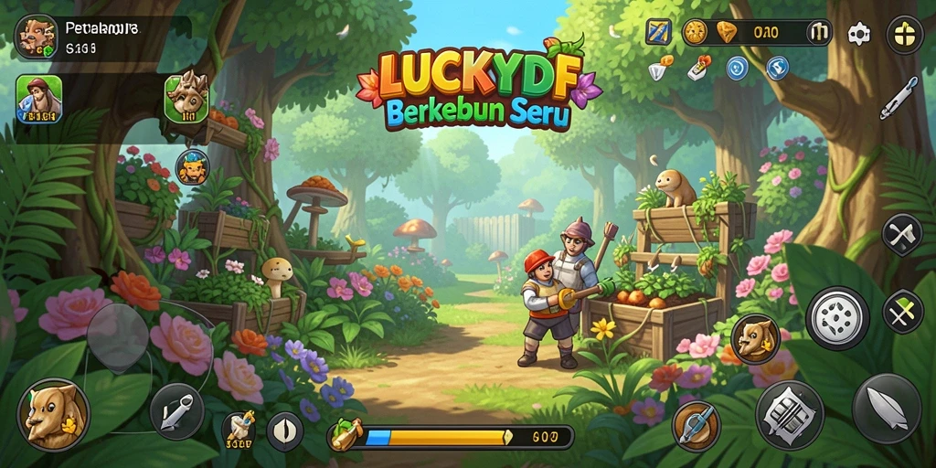 Tampilan gameplay LUCKYDF dengan aktivitas berkebun yang menyenangkan.