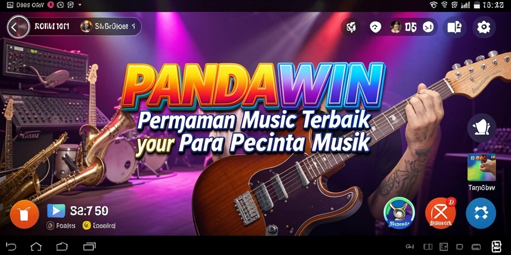 Screenshot gameplay <strong>PANDAWIN</strong> menampilkan berbagai alat musik dan antarmuka permainan yang menarik.