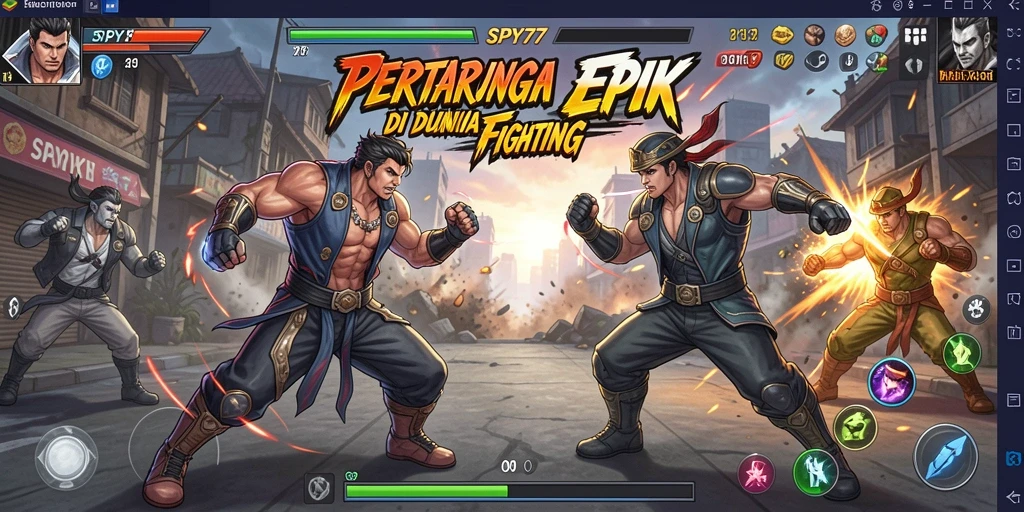 Screenshot gameplay <strong>SPY77</strong> menampilkan pertempuran intens dengan karakter yang menonjol.
